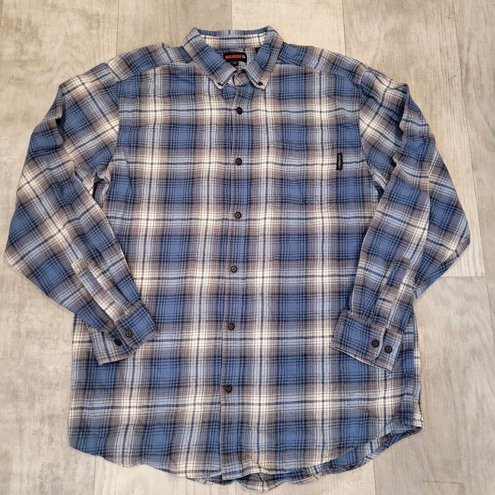 Wolverine Mens XLT Tall Cotton Blue Flannel Plaid Shirt Button Down Outdoor Work